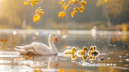 BEAUTIFUL duck with her ducklings on a calm lake at dawn in high resolution and high quality. concept animals,nature,field,lake,mountains