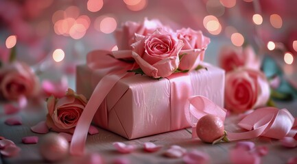 Pink Gift Box With Pink Roses on Table