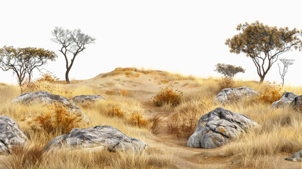 Set of savanna landscapes with faded grass and rocks, cut out
