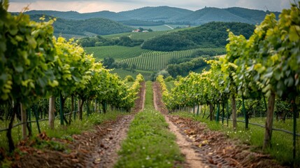Fototapeta premium Dirt Road Cutting Through Lush Green Vineyard