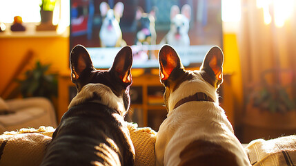 Back view of dogs watching TV in living room.