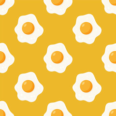 Vector Seamless Pattern with Flat Fried Egg, Omelet on a Yellow Background. Healthy Breakfast, Protein Food, Diet Meal Concept. Design Template