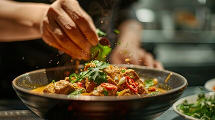 A chef garnishing a bowl of green curry with pork, sprinkling freshly chopped cilantro and red chili slices on top for a burst of color and flavor.