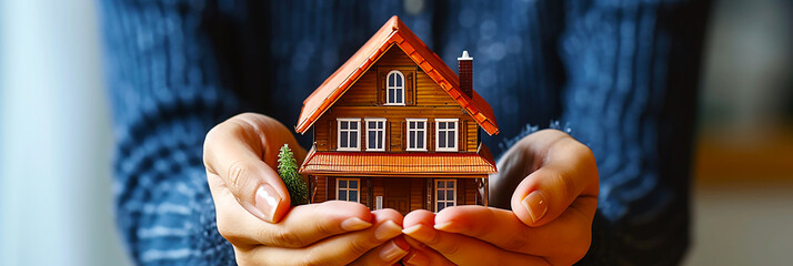 Holding miniature house figurine with both hands