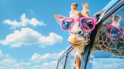 Whimsical Giraffe Road Trip: Giraffe with Pink Sunglasses in Car Under Blue Sky