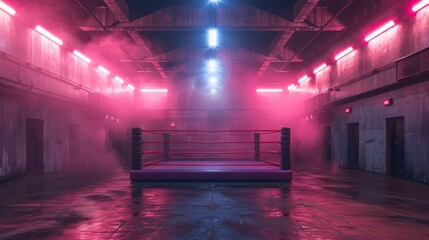 A pink boxing ring, featuring a solitary bench in the center, stands empty under the bright lights.