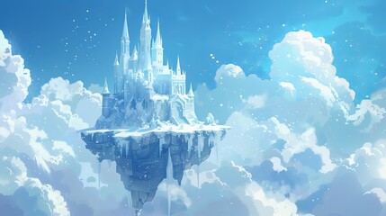 A cartoon background featuring a magical princess castle enveloped in snow during winter. This beautiful white fantasy ice palace is set against a cloudy fairytale landscape