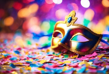 'backdrop A colorful vibrant carnival confetti-strewn confetti mask masquerade arts and crafts mardi gras celebration festive season party festival theatre art disguise glamour t' - obrazy, fototapety, plakaty