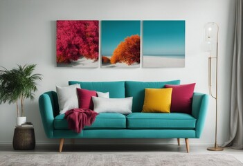 cushions blank background wall wall mockup art white sofa promotion colorful interior turquoise...