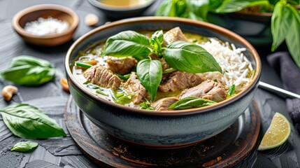 A steaming bowl of fragrant green curry with tender slices of pork, garnished with fresh Thai basil...