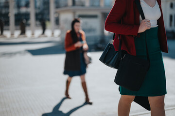 Two businesswomen with briefcases walking on a city street, portraying a professional urban...