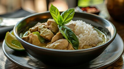 A steaming bowl of fragrant green curry with tender slices of pork, garnished with fresh Thai basil...