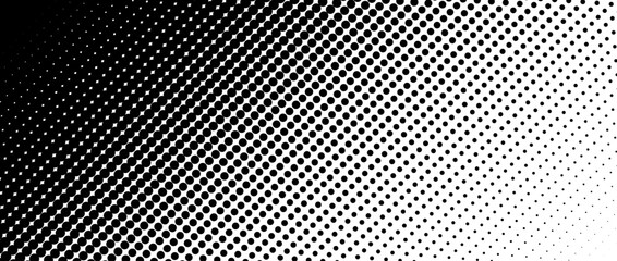 Dotted halftone diagonal texture. Fading polka dot gradient background. Repeating dots gradation pattern. Black vanishing comic pop art overlay backdrop. Raster effect wallpaper. Vector illustration