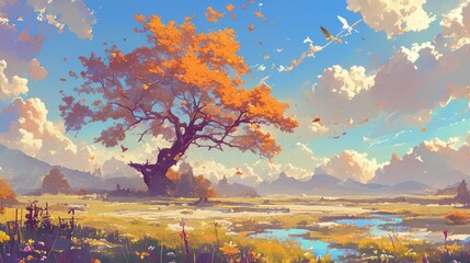 An enchanting 2d illustration capturing the scenic beauty of autumn fall season nature landscape