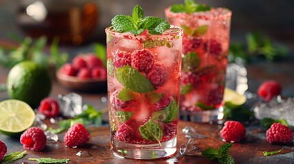Two Glasses Filled With Raspberry Lemonade and Mint