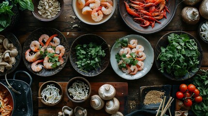 A wooden dining table adorned with ingredients for Tom Yum hot pot, including shrimp, mushrooms, and Thai herbs, ready for a delicious meal.