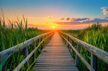 Obraz premium Wooden Walkway Leading to Sunset Over Marsh