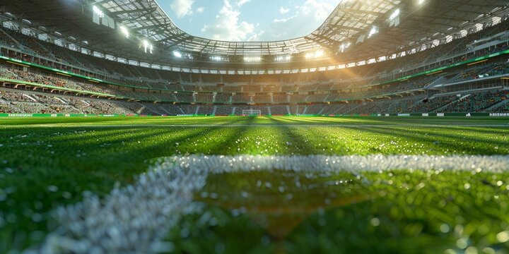 A magnificent soccer stadium with a sprawling green field ready for an intense match to take place under the bright lights of the arena.