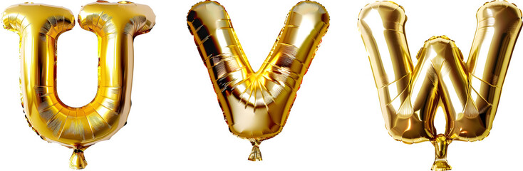 Realistic set of golden balloon letters U V W, isolated on a transparent background. PNG