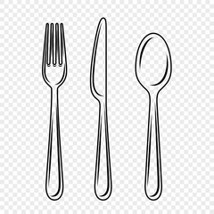 Vector Flat Fork, Knife and Spoon with Outline Icon Set, Cutlery, Isolated