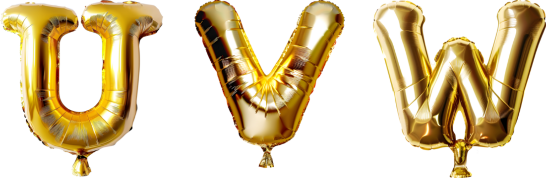 Realistic set of golden balloon letters U V W, isolated on a transparent background. PNG - Powered by Adobe