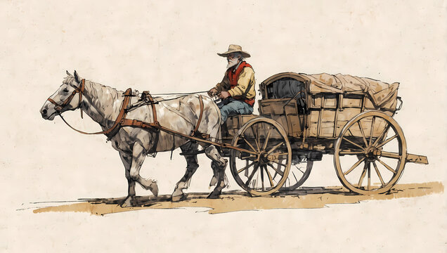 farmer riding on wooden wagon pulled by a horse sketch drawing white background