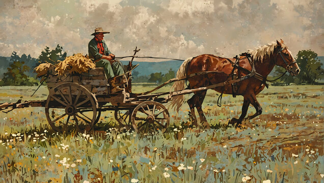 farmer riding on wooden wagon pulled by a horse sketch drawing white background