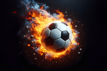 Naklejka premium a close up of a soccer ball on fire with a black background