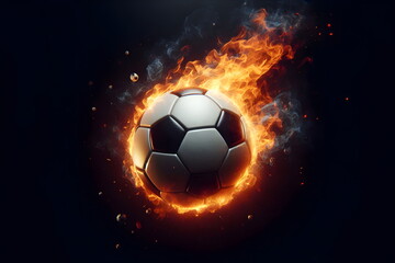 Naklejka premium a close up of a soccer ball on fire with a black background