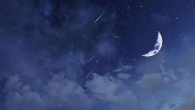 Dreamlike starry night sky with fantastic large half moon and falling stars meteor shower among fluffy clouds. Fantasy nighttime natural background 3D animation rendered in 4K