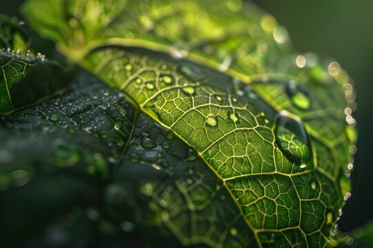 "A macro lens captures a leaf with morning dew, highlighting its veins and droplets in sunlight. This striking image symbolizes growth and nature's intricate beauty - generative ai