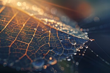 "A macro lens captures a leaf with morning dew, highlighting its veins and droplets in sunlight. This striking image symbolizes growth and nature's intricate beauty - generative ai