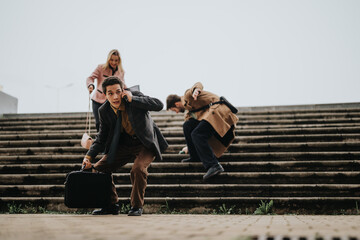 Dynamic shot of business people in motion, hurrying down outdoor stairs, showcasing active business...