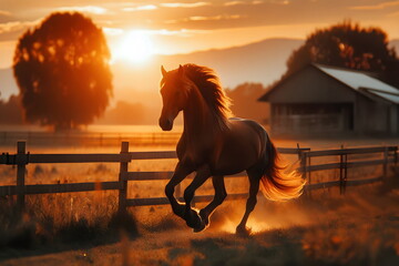 a horse running in a field at sunset with a fence in the background - obrazy, fototapety, plakaty