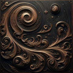 Auspicious Aged Rustic Ebony Brown Great Golden Waves & Swirls Backdrop Displaying Rich Texture Art. Beautiful Organic Stormy Oceanic Water & Dragon Fire Dreams the Silent Shadow Modern Expressionism