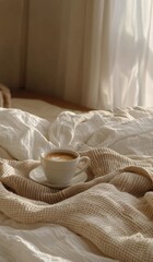 Fototapeta na wymiar Cup of Coffee on White Blanket