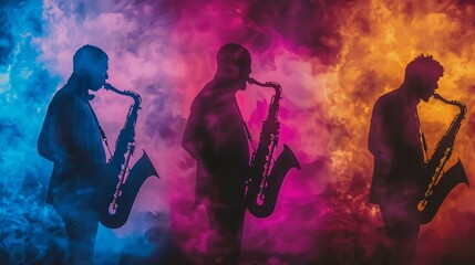 Three Silhouettes of Men Playing Saxophone Against a Colorful Background - obrazy, fototapety, plakaty