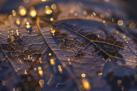 "A macro lens captures a leaf with morning dew, highlighting its veins and droplets in sunlight. This striking image symbolizes growth and nature's intricate beauty - generative ai