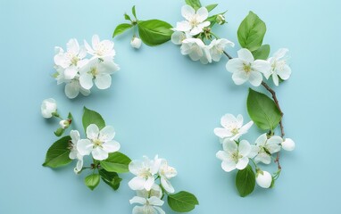 Obraz premium White Flowers and Green Leaves on a Blue Background