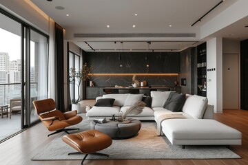 Fototapeta premium American style white open living room concept with black fabrics.