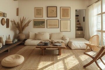 Artist's living room in minimal style with artworks.