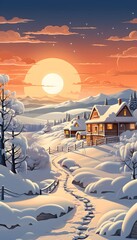 Winter landscape with snow-covered village at sunset. Vector illustration.