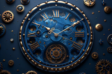 Fototapeta na wymiar old mechanism, Stopwatch and time 3D clock logo card navy blue
