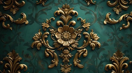 Luxury gold and green wallpaper, 3d floral ornament background
