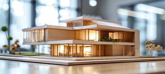 Modern Architectural Concept: Miniature House Model Rests on Table Against Blurred Office Background. Wide Banner Image Ideal for Real Estate or Business Themes
