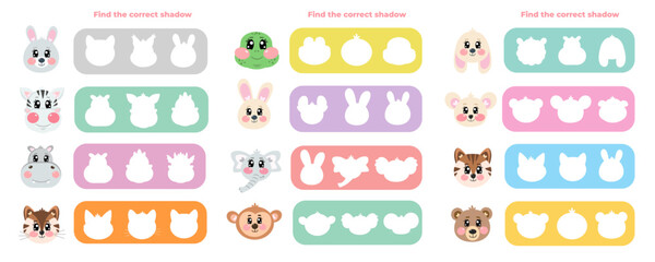 Find the correct shadow of funny kawaii characters mouse, zebra, hare, hippopotamus, elephant, turtle, 
chipmunk, monkey, bear, tiger, bunny, rabbit face animal