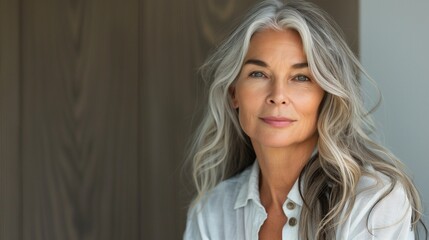 Fototapeta premium An elderly beautiful gray-haired woman portrait. The concept of beautiful noble aging and enjoying life