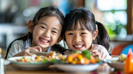 Happy Asian kids having fun at school. Happy childhood and enjoyment of life