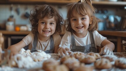 Happy children are cooking cookies in the kitchen. The concept of a happy childhood and hobby