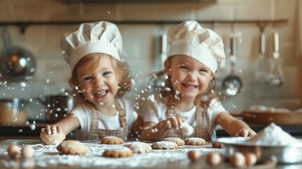 Happy children are cooking cookies in the kitchen. The concept of a happy childhood and hobby
